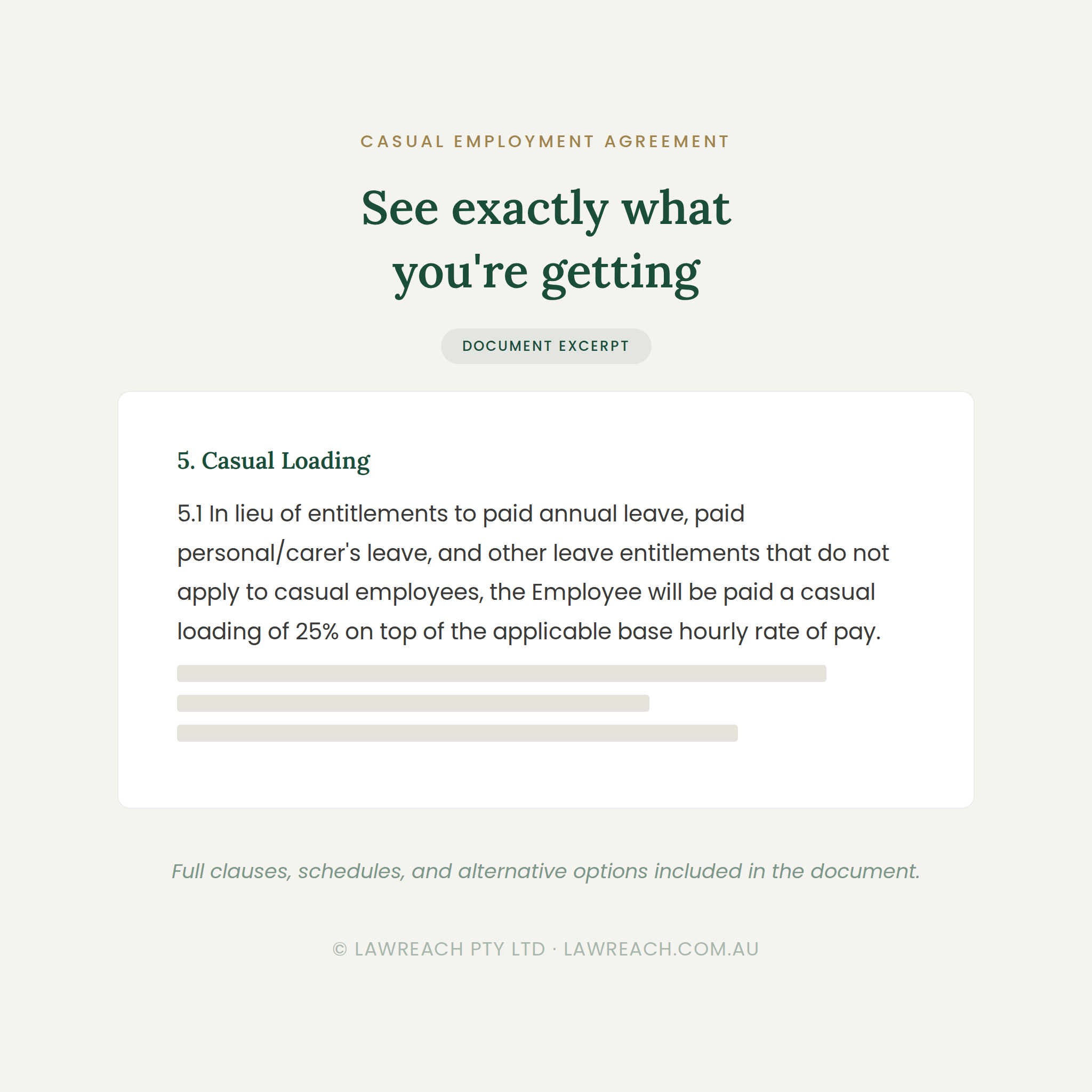 A digital preview of a document excerpt from a casual employment agreement, showing the clause for 'Casual Loading' on a light beige background with dark green text.