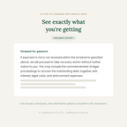 A document excerpt page titled 'See exactly what you're getting' under the heading 'Letter of demand for unpaid debt,' with a white text block containing legal language about demand for payment and several gray horizontal bars.