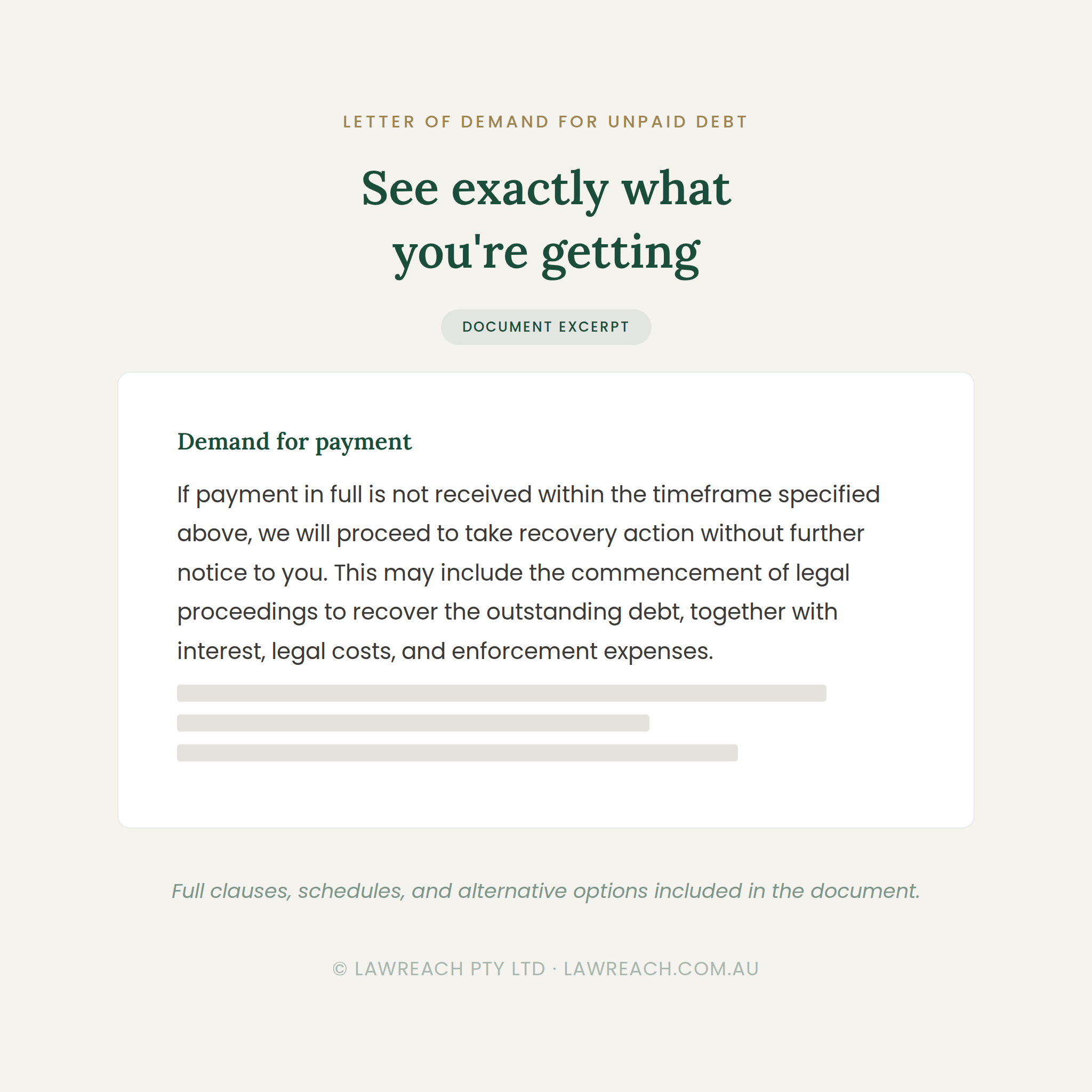 A document excerpt page titled 'See exactly what you're getting' under the heading 'Letter of demand for unpaid debt,' with a white text block containing legal language about demand for payment and several gray horizontal bars.