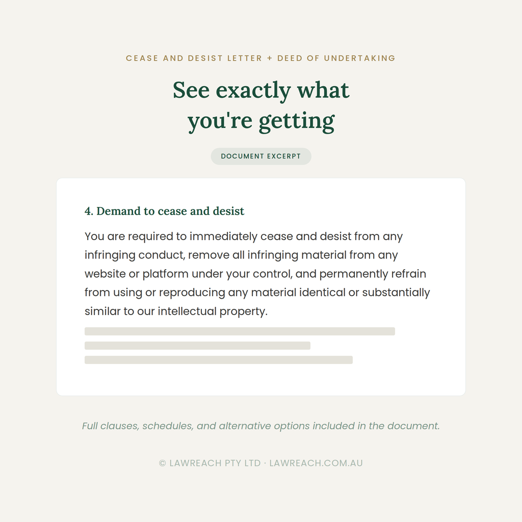 A document excerpt preview for a cease and desist letter, showing the heading 'See exactly what you're getting' and a boxed text section with the phrase '4. Demand to cease and desist' plus several lines of small black text on a white card over a light warm gray background.