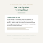 A document excerpt preview for a cease and desist letter, showing the heading 'See exactly what you're getting' and a boxed text section with the phrase '4. Demand to cease and desist' plus several lines of small black text on a white card over a light warm gray background.