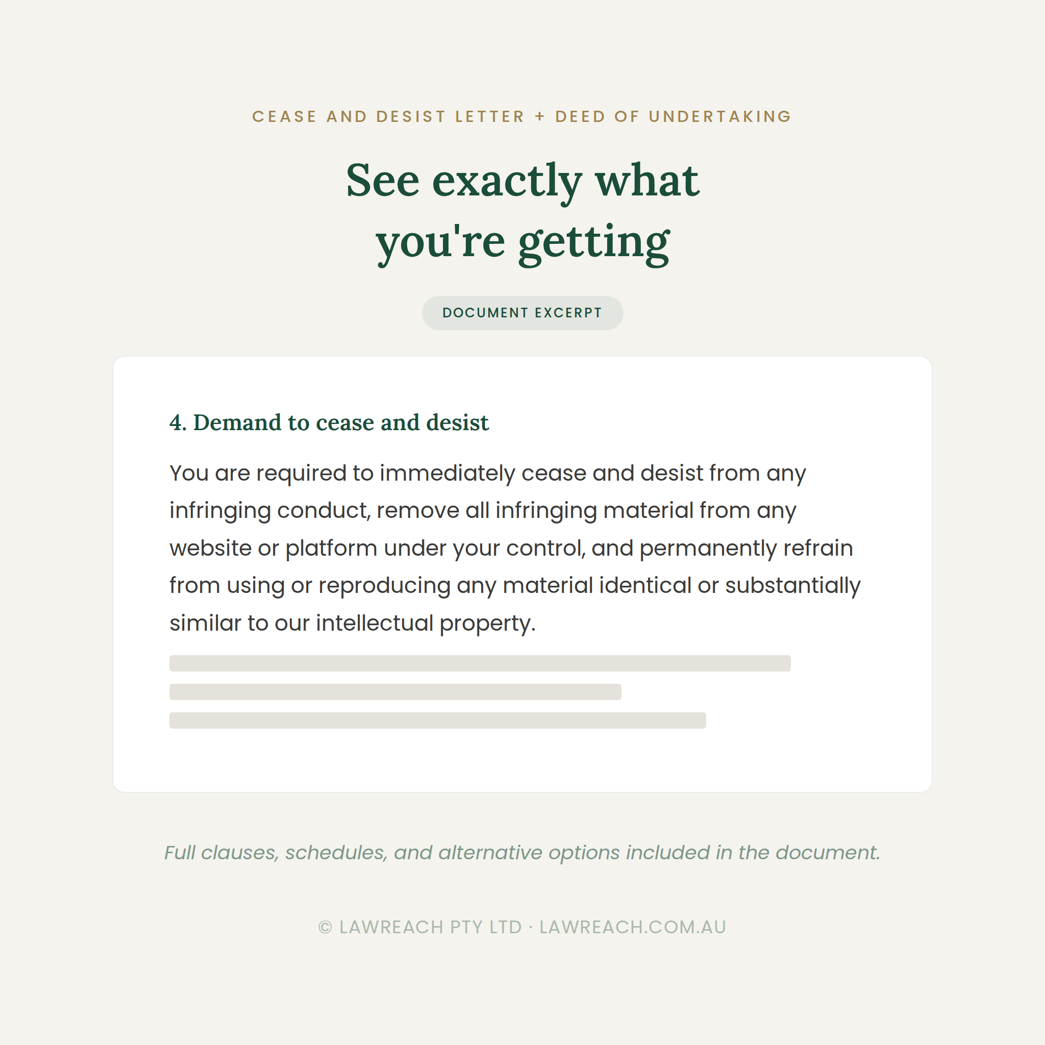 A document excerpt preview for a cease and desist letter, showing the heading 'See exactly what you're getting' and a boxed text section with the phrase '4. Demand to cease and desist' plus several lines of small black text on a white card over a light warm gray background.