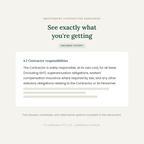 A digital preview page for an independent contractor agreement document excerpt, with headline text reading 'See exactly what you're getting' and a white text block showing part of clause 4.2 on a light warm gray background.