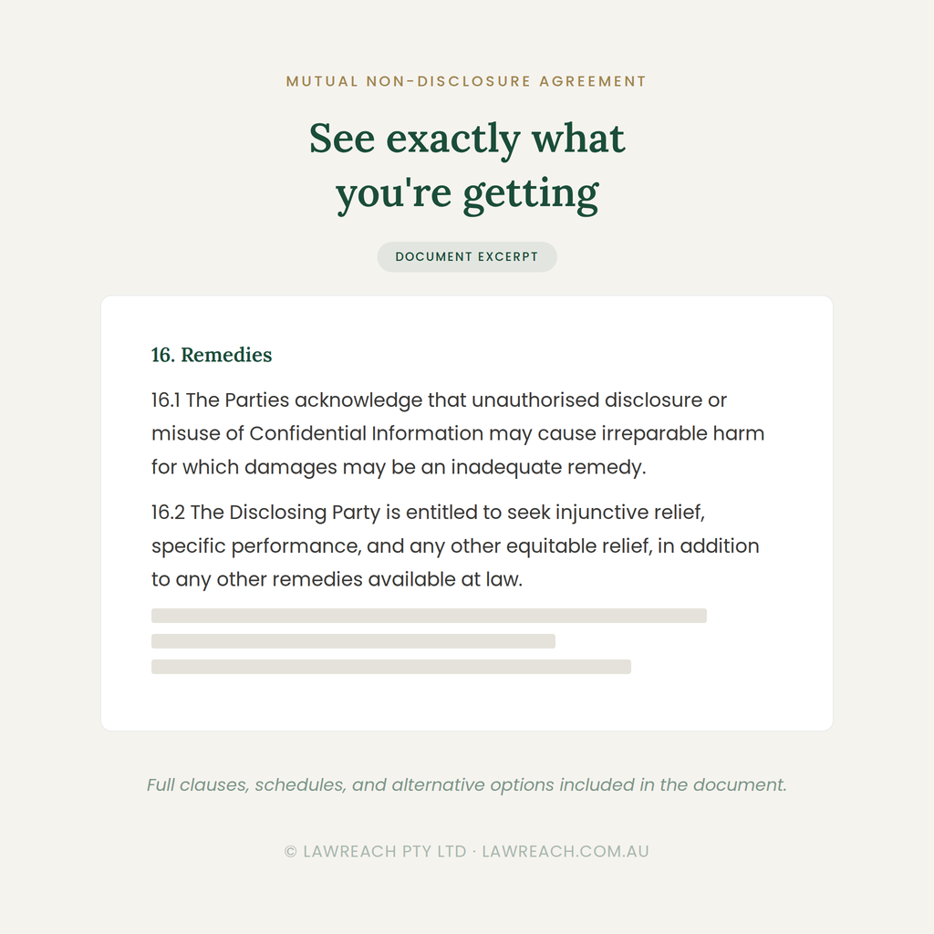 A document excerpt page from a mutual non-disclosure agreement, with the heading 'See exactly what you're getting' and a boxed section titled 'Remedies' containing legal text and gray placeholder lines.