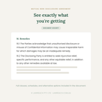 A document excerpt page from a mutual non-disclosure agreement, with the heading 'See exactly what you're getting' and a boxed section titled 'Remedies' containing legal text and gray placeholder lines.