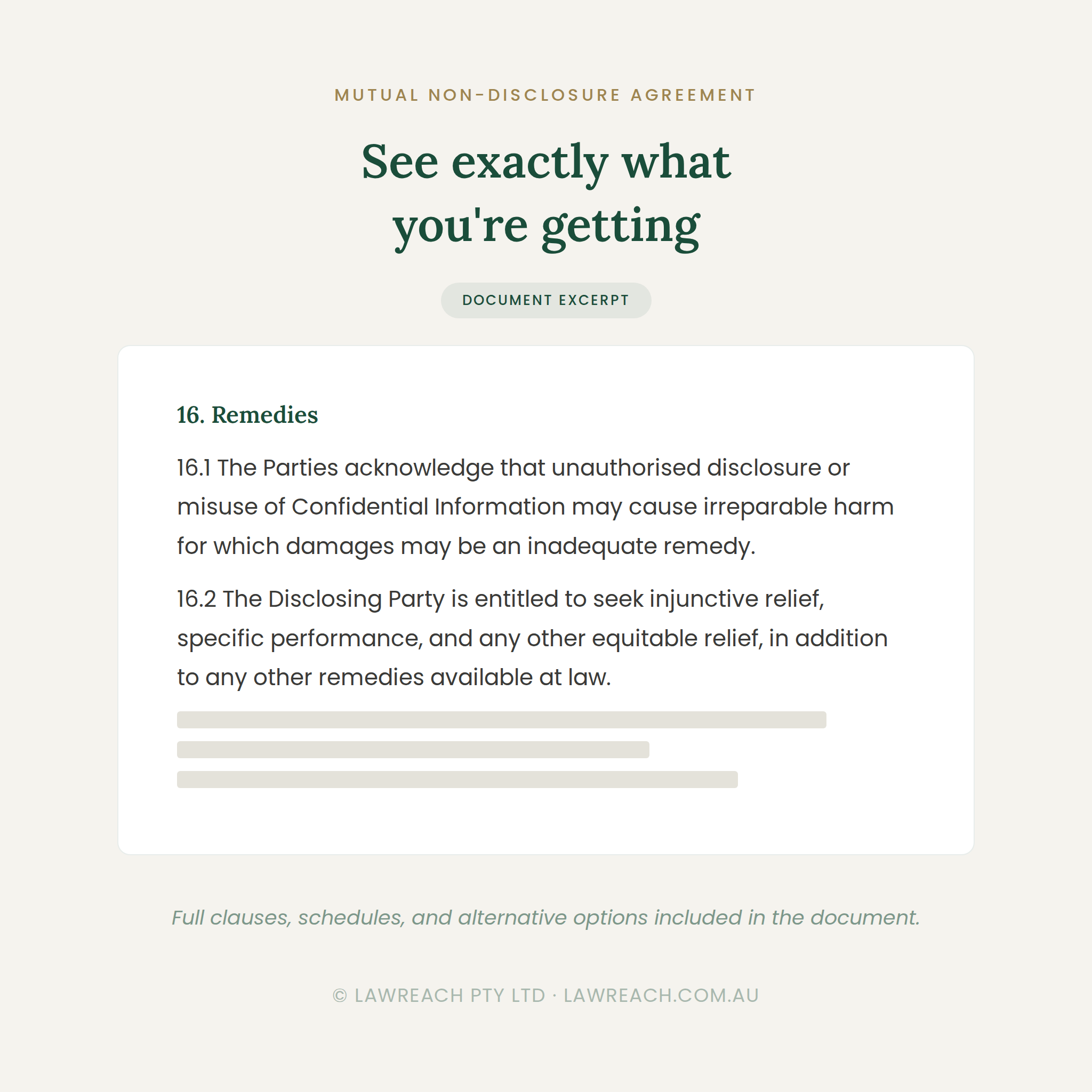 A document excerpt page from a mutual non-disclosure agreement, with the heading 'See exactly what you're getting' and a boxed section titled 'Remedies' containing legal text and gray placeholder lines.