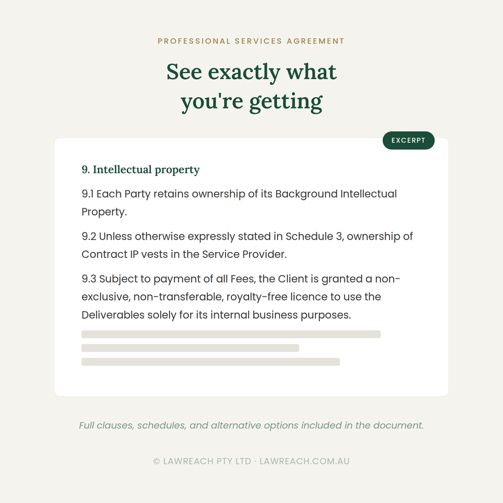 A digital preview of a legal document excerpt titled 'See exactly what you're getting' from a professional services agreement. The text outlines intellectual property clauses, with an 'EXCEPT' label and a partially filled license grant paragraph.