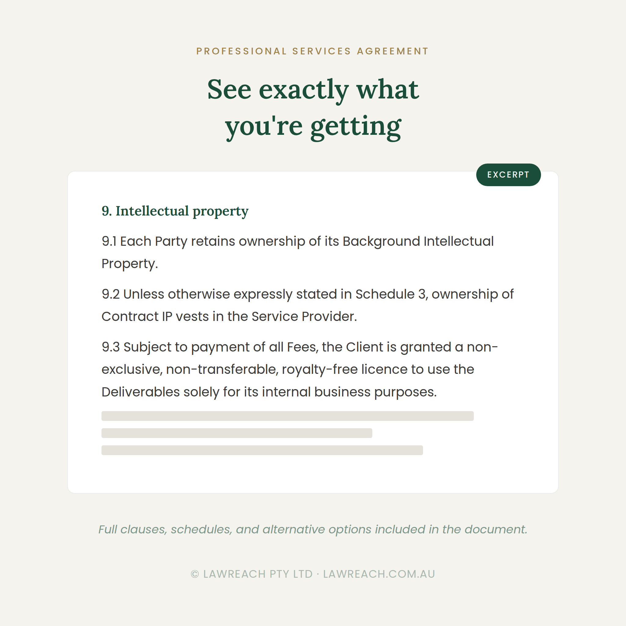 A digital preview of a legal document excerpt titled 'See exactly what you're getting' from a professional services agreement. The text outlines intellectual property clauses, with an 'EXCEPT' label and a partially filled license grant paragraph.