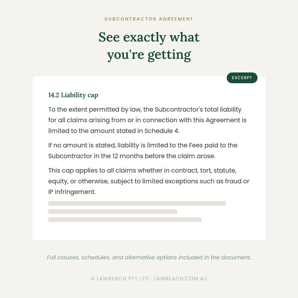 A digital preview page for a legal document excerpt titled 'See exactly what you're getting' under the heading 'SUBCONTRACTOR AGREEMENT'. The page shows a liability cap clause from a subcontractor agreement, with text and a dark green 'EXCERPT' label on a light beige background.