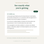 A digital preview page for a legal document excerpt titled 'See exactly what you're getting' under the heading 'SUBCONTRACTOR AGREEMENT'. The page shows a liability cap clause from a subcontractor agreement, with text and a dark green 'EXCERPT' label on a light beige background.