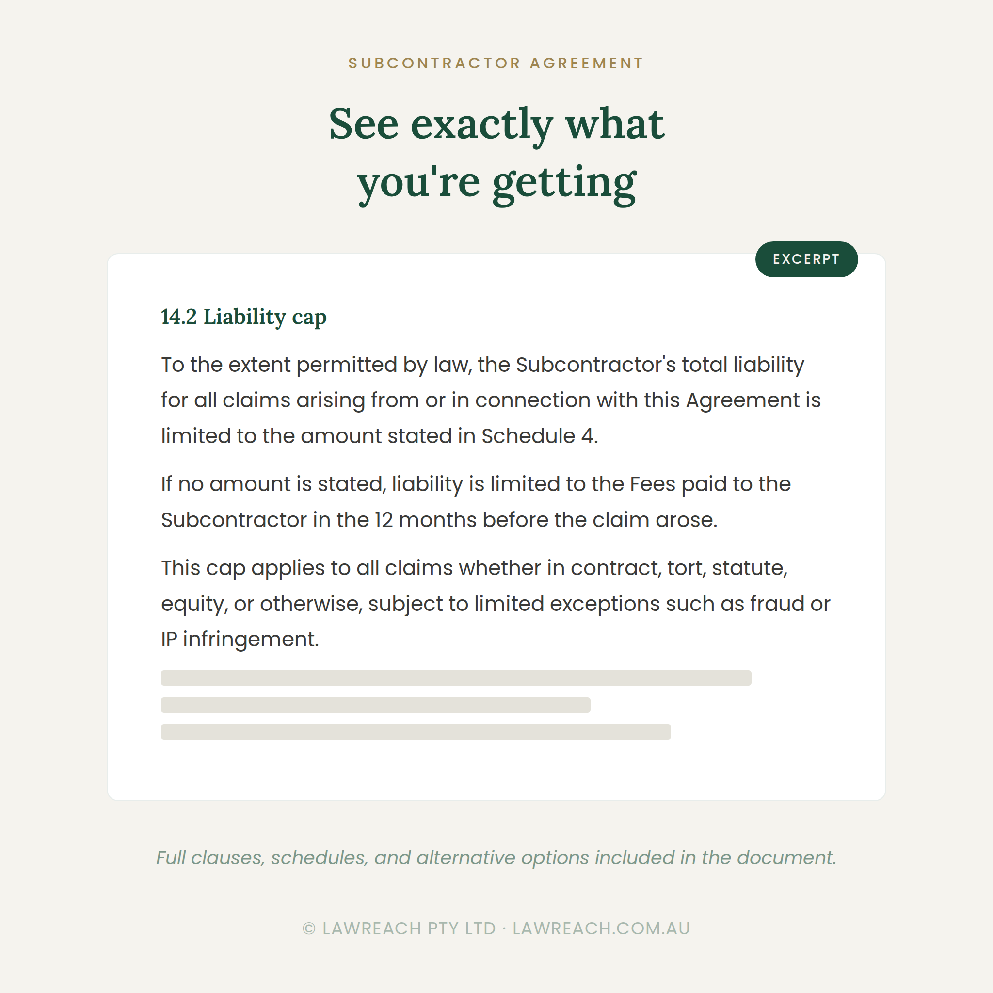 A digital preview page for a legal document excerpt titled 'See exactly what you're getting' under the heading 'SUBCONTRACTOR AGREEMENT'. The page shows a liability cap clause from a subcontractor agreement, with text and a dark green 'EXCERPT' label on a light beige background.