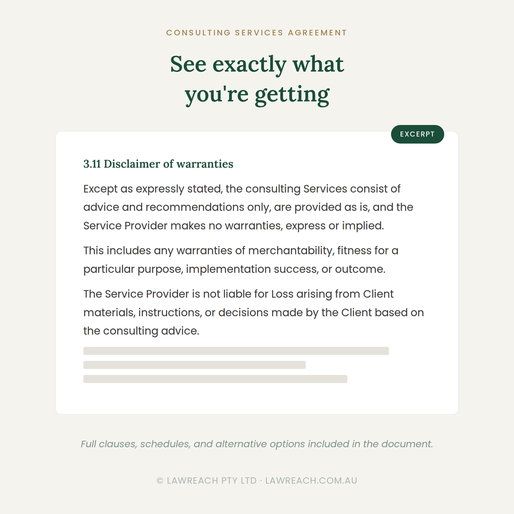 A digital preview of a consulting services agreement document excerpt, featuring dark green text on a light beige background with a white text box and a dark green 'EXCERPT' label.