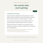 A digital preview of a consulting services agreement document excerpt, featuring dark green text on a light beige background with a white text box and a dark green 'EXCERPT' label.