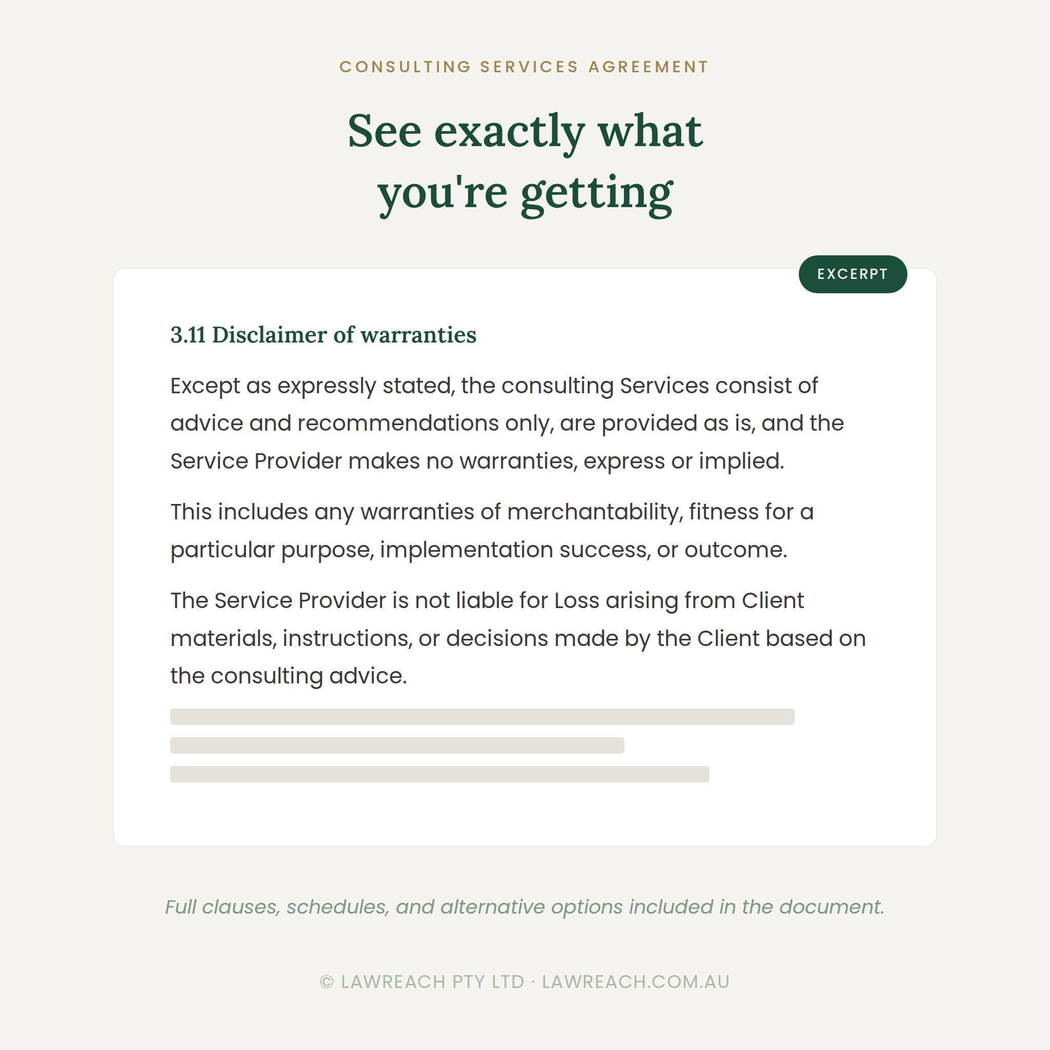 A digital preview of a consulting services agreement document excerpt, featuring dark green text on a light beige background with a white text box and a dark green 'EXCERPT' label.