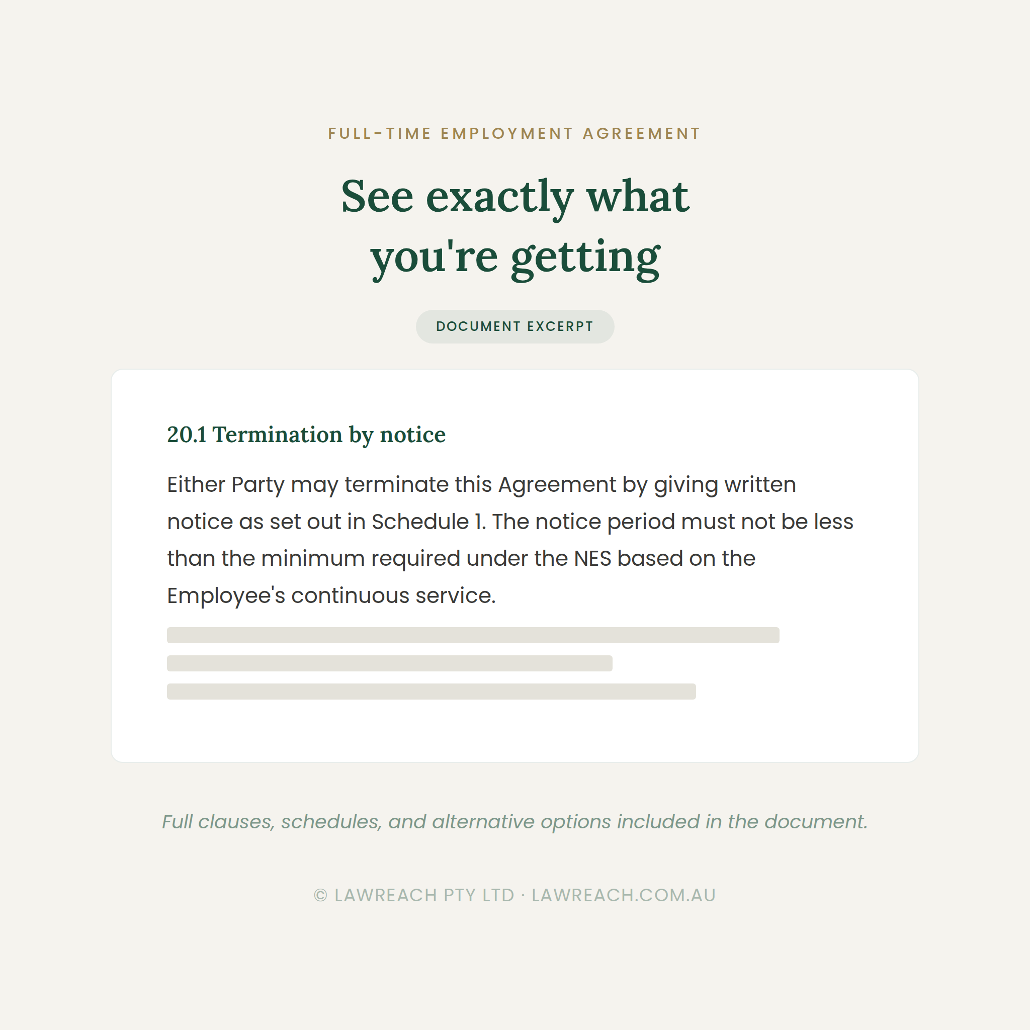 A digital preview of a full-time employment agreement document excerpt, featuring dark green and brown text on a light beige background with a white document box in the center.