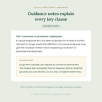 A digital document excerpt page titled 'Guidance notes explain every key clause' under the heading 'Casual Employment Agreement,' with a pale green background and a white text box containing legal employment clause explanations.
