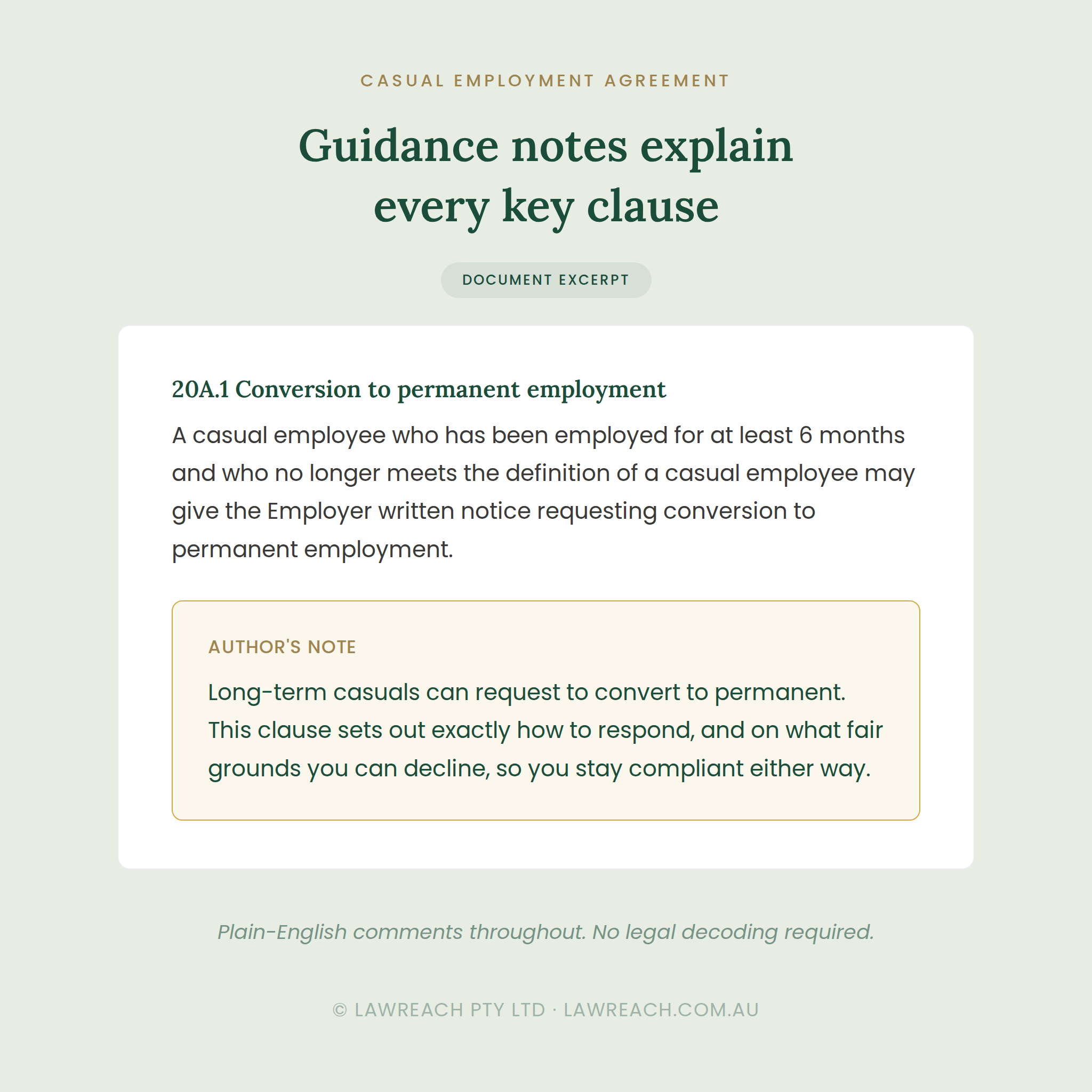 A digital document excerpt page titled 'Guidance notes explain every key clause' under the heading 'Casual Employment Agreement,' with a pale green background and a white text box containing legal employment clause explanations.
