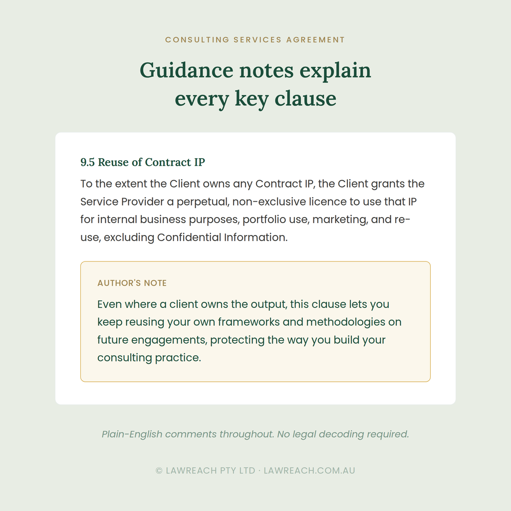 A digital preview of a consulting services agreement document, featuring legal guidance notes on IP reuse and author's notes, presented on a pale sage green background.