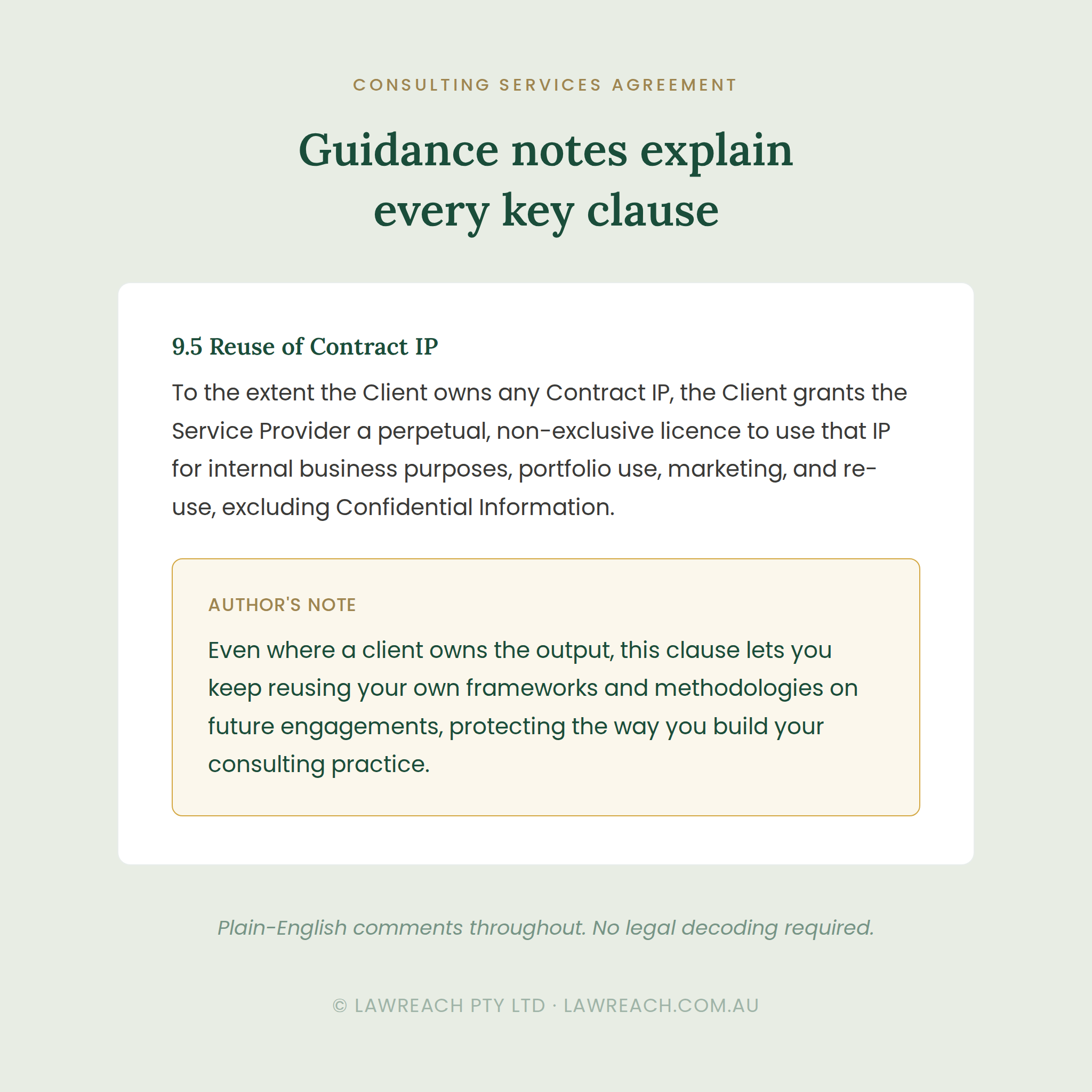 A digital preview of a consulting services agreement document, featuring legal guidance notes on IP reuse and author's notes, presented on a pale sage green background.