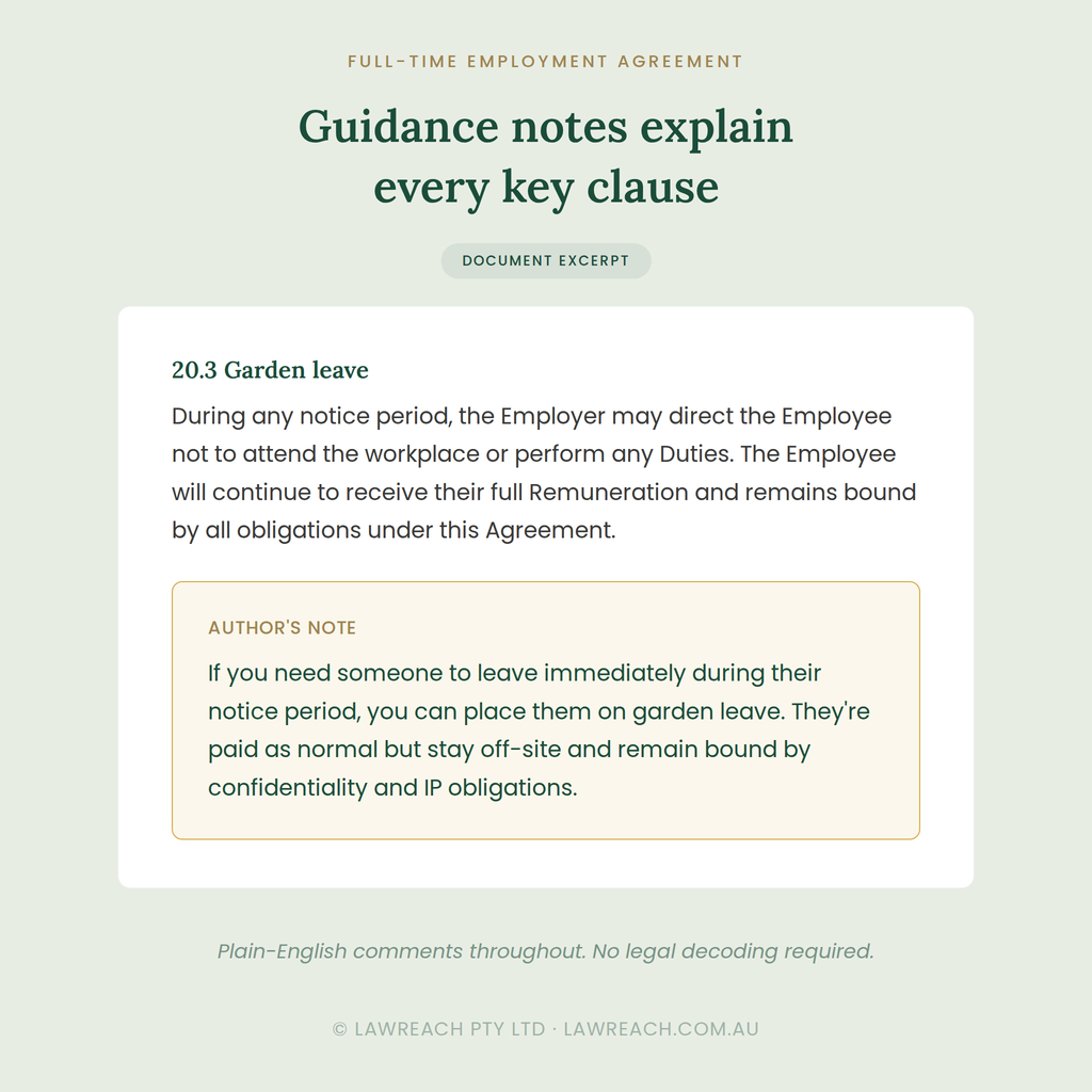A digital document excerpt page titled 'Guidance notes explain every key clause' with a full-time employment agreement clause about garden leave, shown on a pale green background.
