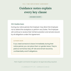 A digital document excerpt page titled 'Guidance notes explain every key clause' with a full-time employment agreement clause about garden leave, shown on a pale green background.