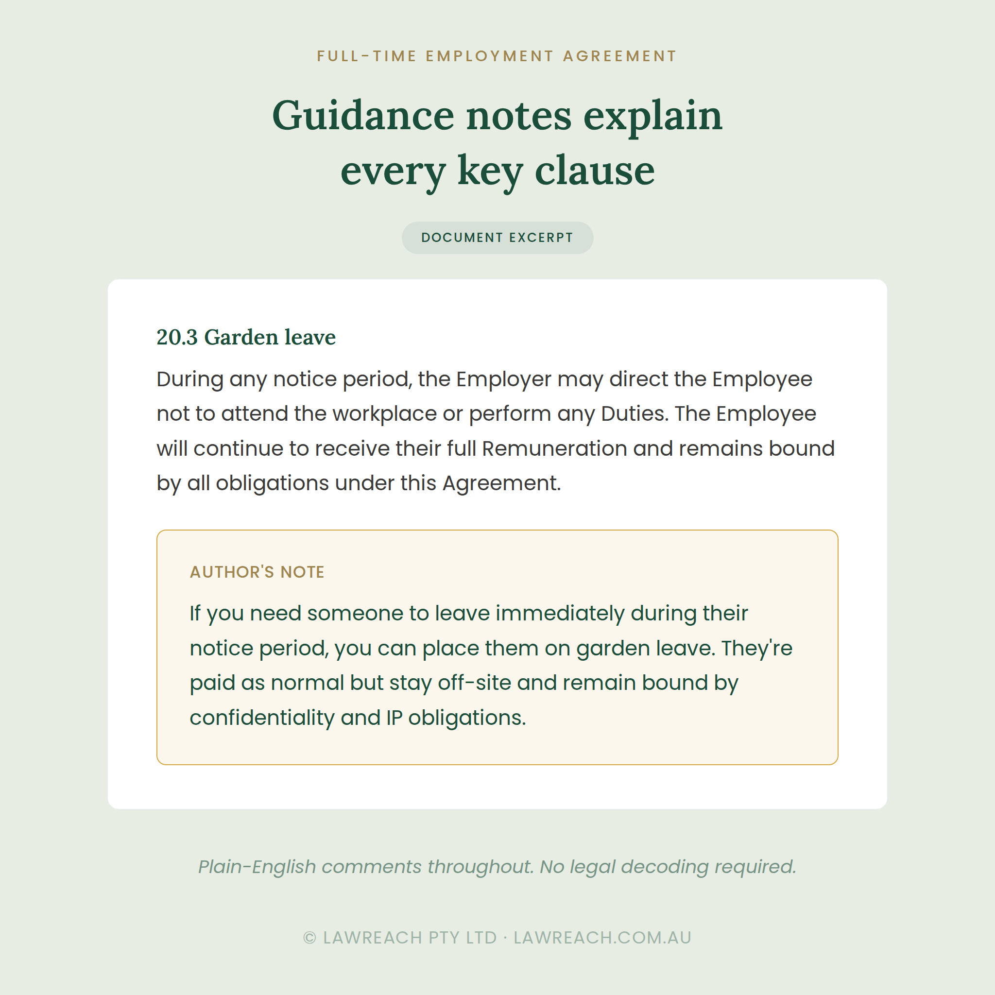 A digital document excerpt page titled 'Guidance notes explain every key clause' with a full-time employment agreement clause about garden leave, shown on a pale green background.