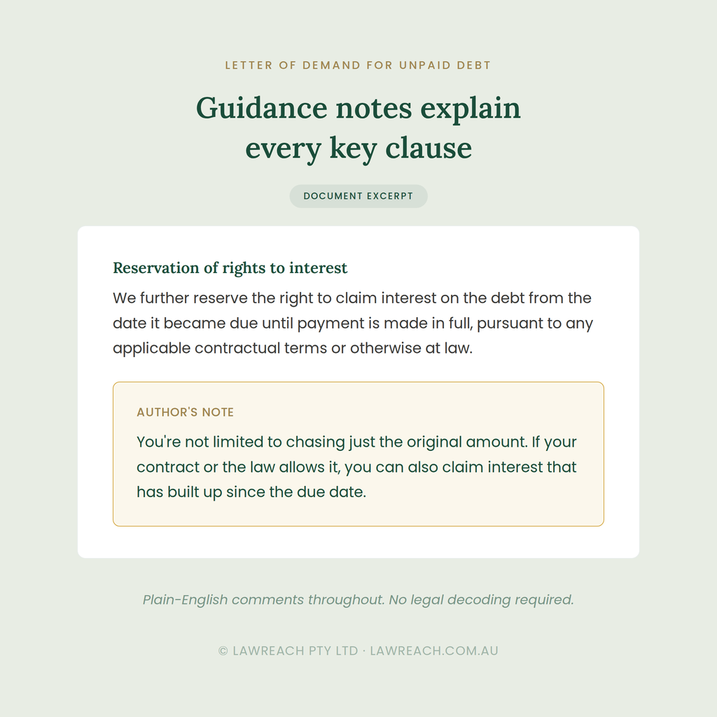 A document excerpt page with a pale green background, dark teal title text, and a white text box containing legal commentary about reservation of rights to interest. The page includes the heading 'Guidance notes explain every key clause' and a small label reading 'Document Excerpt.