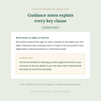 A document excerpt page with a pale green background, dark teal title text, and a white text box containing legal commentary about reservation of rights to interest. The page includes the heading 'Guidance notes explain every key clause' and a small label reading 'Document Excerpt.