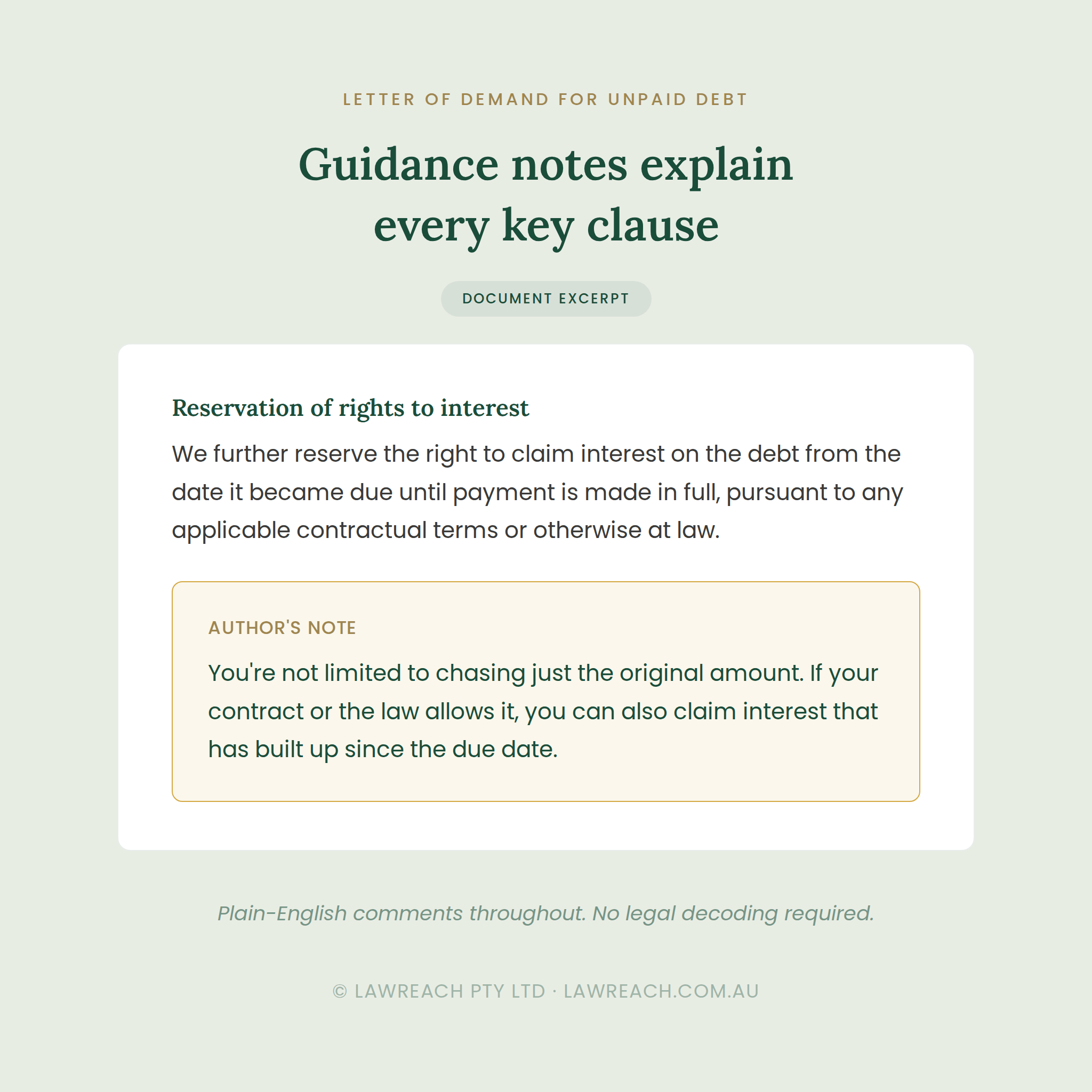 A document excerpt page with a pale green background, dark teal title text, and a white text box containing legal commentary about reservation of rights to interest. The page includes the heading 'Guidance notes explain every key clause' and a small label reading 'Document Excerpt.