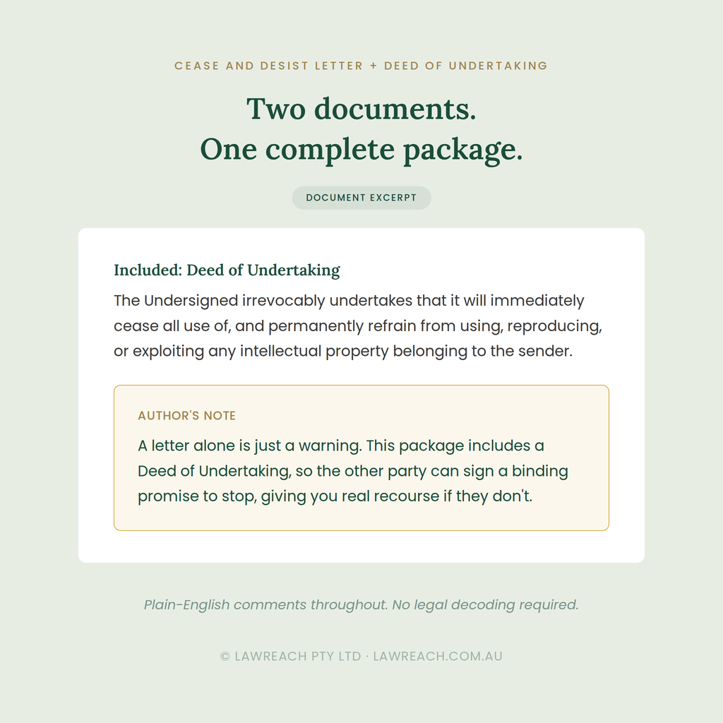 A digital document excerpt preview for a cease and desist letter and deed of undertaking package, with dark green text on a pale sage background and a white card showing included documents and author's note.