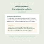A digital document excerpt preview for a cease and desist letter and deed of undertaking package, with dark green text on a pale sage background and a white card showing included documents and author's note.