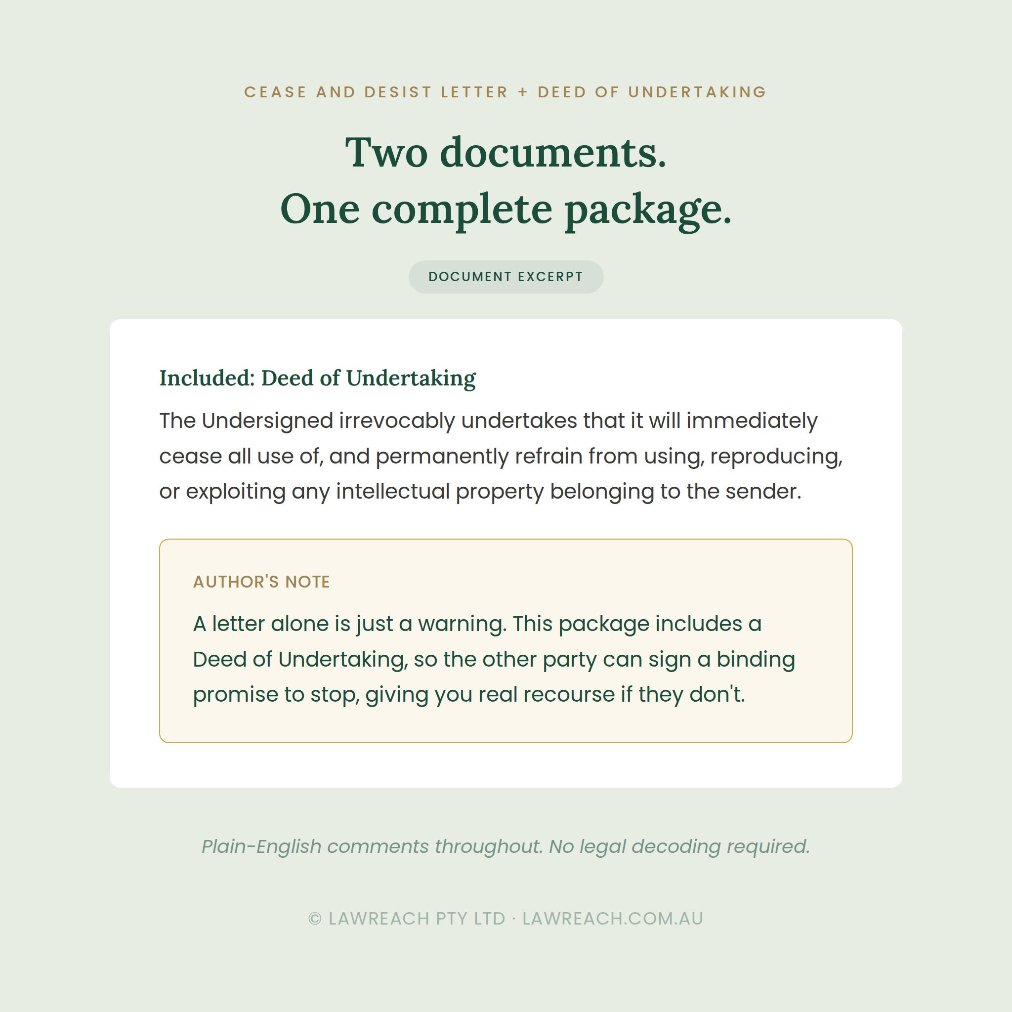 A digital document excerpt preview for a cease and desist letter and deed of undertaking package, with dark green text on a pale sage background and a white card showing included documents and author's note.