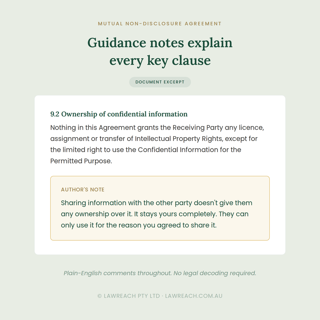A digital document excerpt page titled 'Guidance notes explain every key clause' with a muted sage green background, dark green text, and a white card showing a clause about ownership of confidential information plus an author's note.