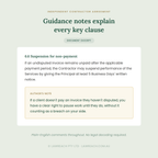 A digital document excerpt page titled 'Guidance notes explain every key clause' with the heading 'Independent Contractor Agreement.' The page shows a section on suspension for non-payment in dark green text inside a white card, plus an author's note in a beige box.