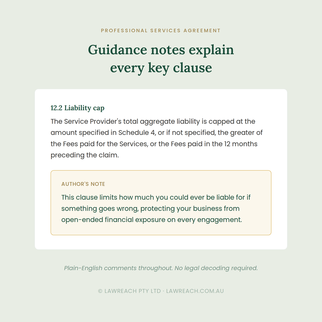 A digital document preview of a legal 'Professional Services Agreement' guidance note, titled 'Guidance notes explain every key clause', with text explaining a 'Liability cap' under section 12.2.