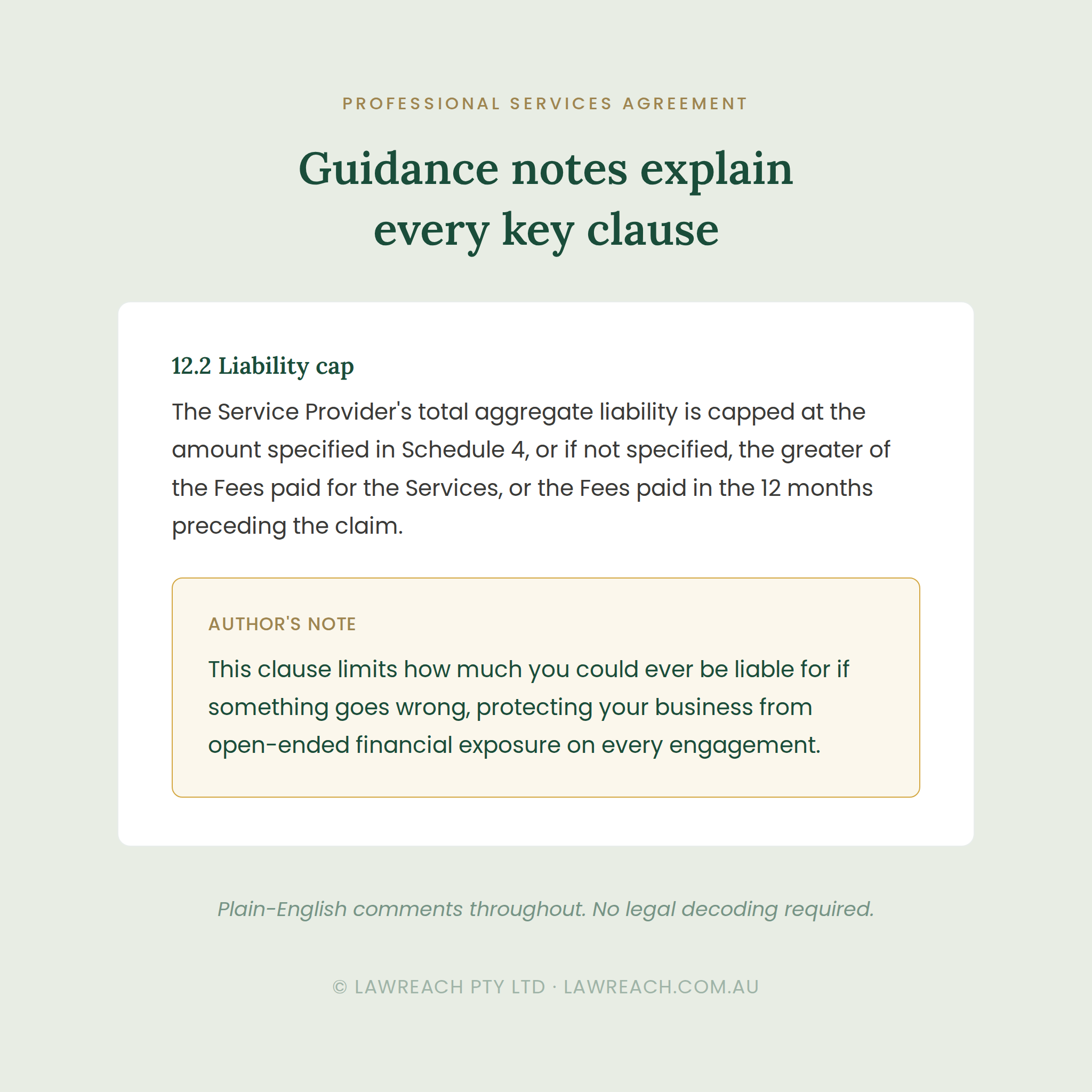 A digital document preview of a legal 'Professional Services Agreement' guidance note, titled 'Guidance notes explain every key clause', with text explaining a 'Liability cap' under section 12.2.
