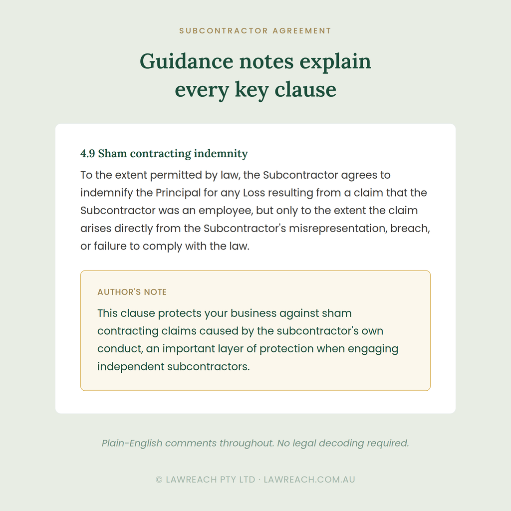 A digital document preview of a 'Subcontractor Agreement' guidance note from Lawreach Pty Ltd, explaining sham contracting indemnity in plain English on a pale sage green background.