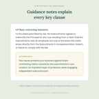 A digital document preview of a 'Subcontractor Agreement' guidance note from Lawreach Pty Ltd, explaining sham contracting indemnity in plain English on a pale sage green background.