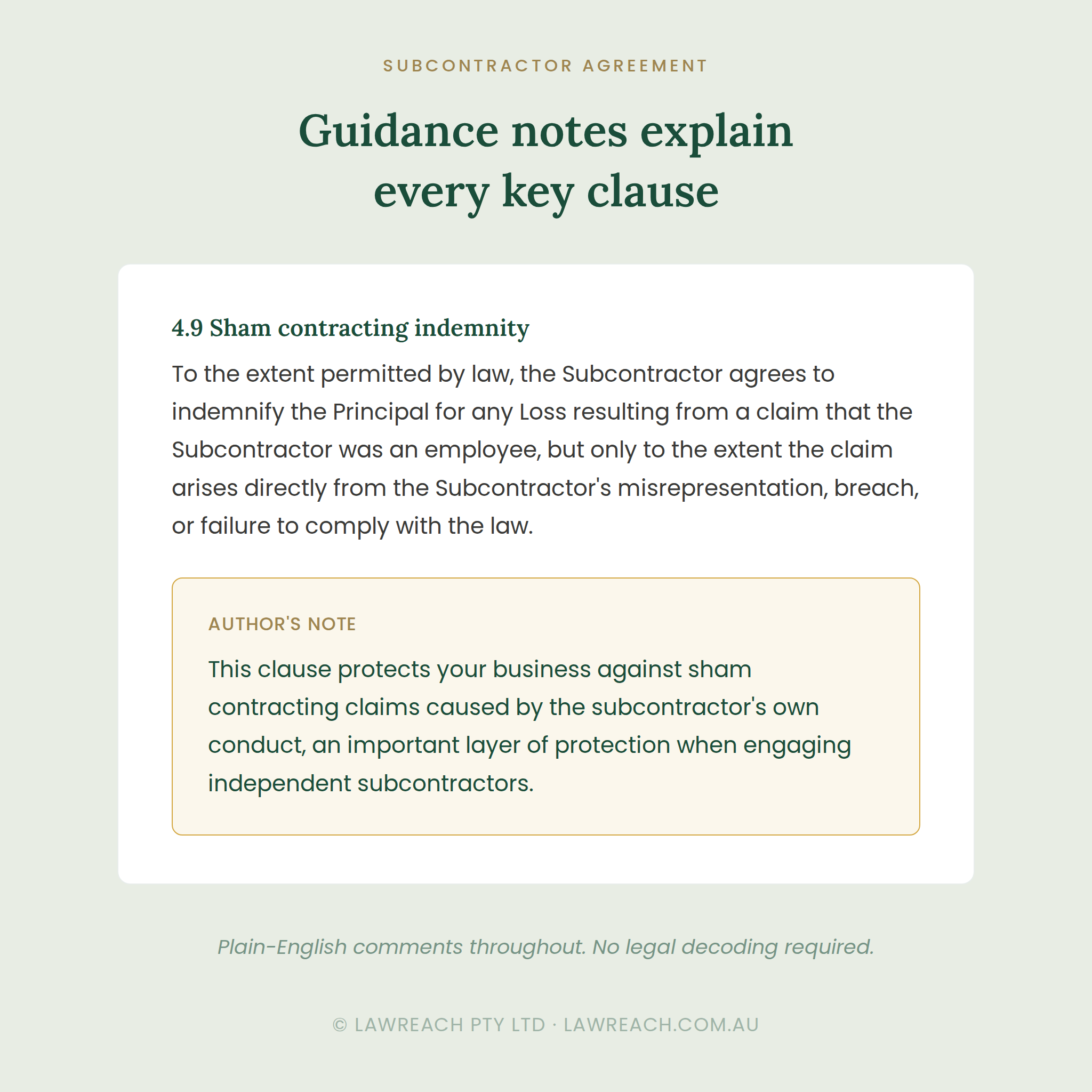 A digital document preview of a 'Subcontractor Agreement' guidance note from Lawreach Pty Ltd, explaining sham contracting indemnity in plain English on a pale sage green background.