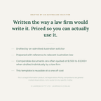 A text-based promotional graphic on a light warm gray background. It reads: 'Written the way a law firm would write it.