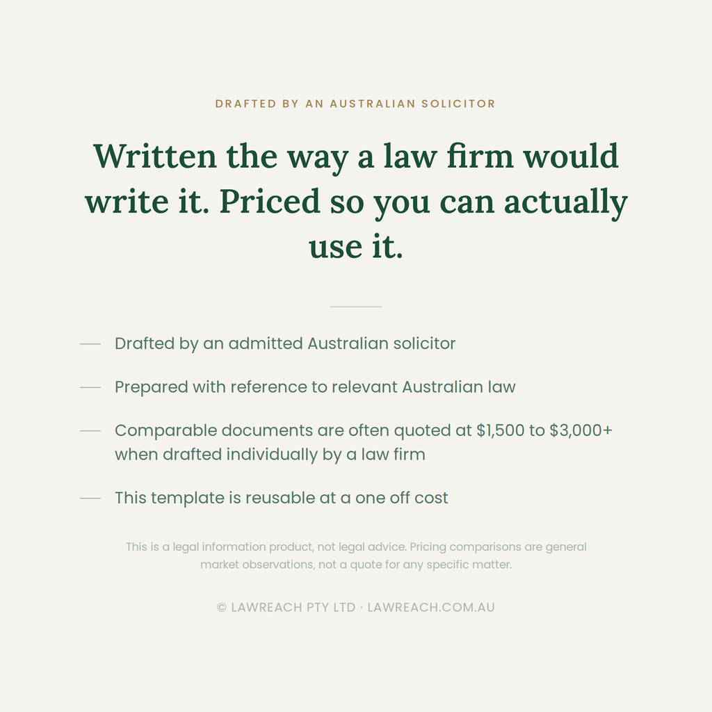 A text-based promotional graphic on a light warm gray background. It reads: 'Written the way a law firm would write it.