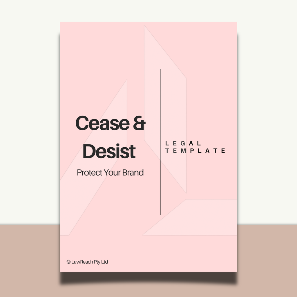 Pink 'Cease & Desist' legal template with text on a white background